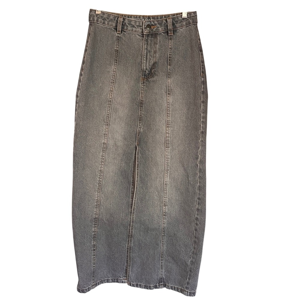 Primark Grey Denim Maxi Skirt High‎ Waisted Front Slit Size 2 US Western Boho
